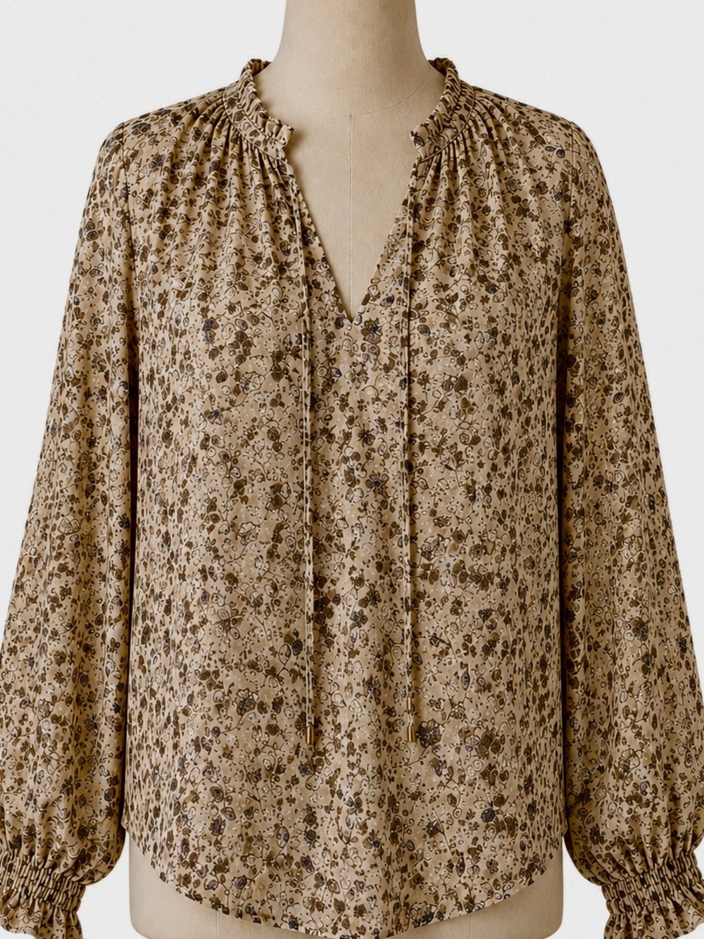 O.P.T Tan Tie Neck Floral Balloon Sleeves Top M - Picture 1 of 6